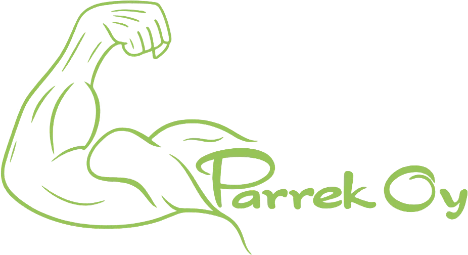 Vaaleanvihreä ääriviivapiirros, jossa on vasemmalla koukistettu hauis ja oikealla teksti "Parrek Oy". Piirroksessa on myös keltaisia pilkkuja mustalla taustalla.