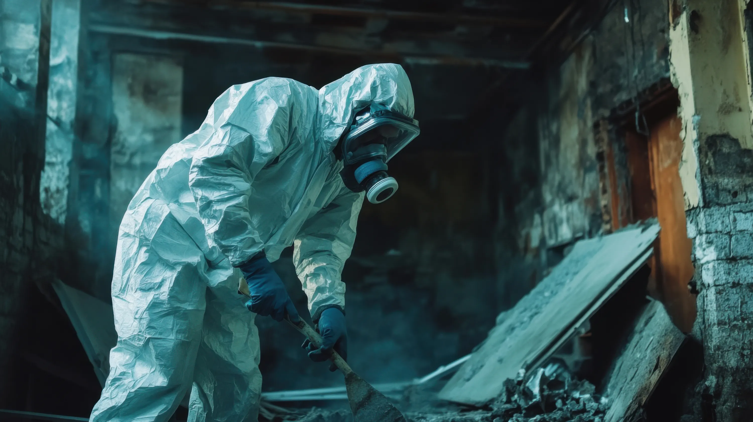 Henkilö valkoisessa suojapuvussa ja kaasunaamarissa kumartuu puhdistamaan romua lapiolla tai kaapimella. Hänellä on siniset käsineet. Ympäristö on raunioitunut huone, jossa on murenevia seiniä ja paljon rakennusjätettä lattialla. Valaistus on hämärä ja sinertävä, ja ilmassa leijuu pölyä.