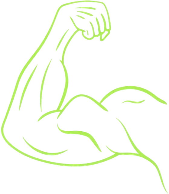 Kirkkaanvihreä ääriviivapiirros jännitetystä käsivarresta ja nyrkistä mustalla pohjalla.