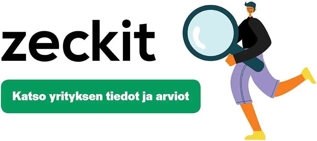 Kuvassa on musta teksti 'zeckit' ja vihreä painike, jossa lukee 'Katso yrityksen tiedot ja arviot'. Oikealla puolella tyylitelty hahmo juoksee, pitäen suurta suurennuslasia. Hahmolla on musta paita, violetit housut, oranssit jalat ja keltaiset kengät. Suurennuslasissa on tumman turkoosi kehys ja vaaleansininen linssi. Valkoinen tausta.
